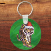 Cute Tiger in Santa Hat op Green Sleutelhanger (Voorkant)