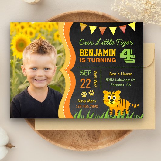 Cute Tiger Kinder Photo Birthday Party Invitation Kaart