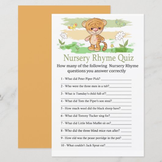 Cute Tiger Nursery Rhyme Quiz baby shower game (Voorkant / Achterkant)