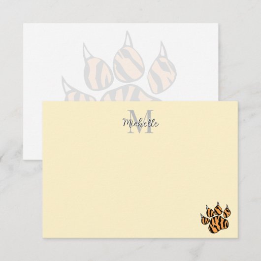 Cute Tiger Paw Print Personalized Monogram  Notitiekaartje (Voorkant / Achterkant)