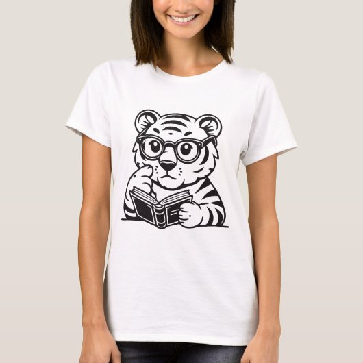 Cute Tiger Reading a Book T-Shirt – Adorable Book  (Voorkant)