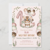 Cute Tiger Safari Roze Wildebras Eén Verjaardag Me Kaart (Voorkant)