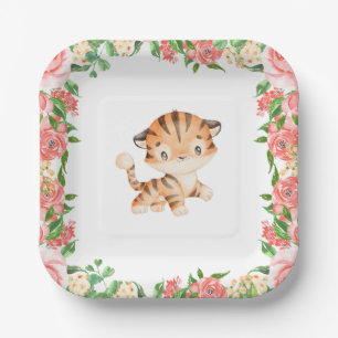 Cute Tiger Waterverf Pink Flowers Paper Borden Papieren Bordje