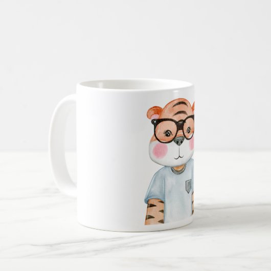 Cute Tiger Wearing Glasses Illustration Coffee Mok (Voorkant links)