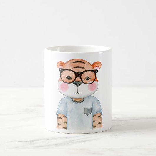 Cute Tiger Wearing Glasses Illustration Coffee Mok (Center)