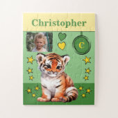 Cute tijger fotonaam groen geel kinderen legpuzzel (Verticaal)