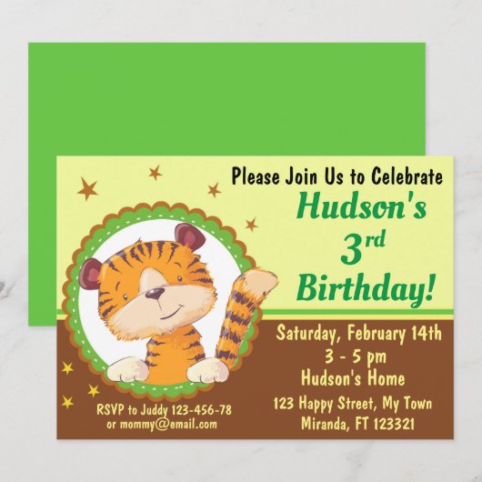 Cute tijgerverjaardagsuitnodiging kaart (Voorkant / Achterkant)
