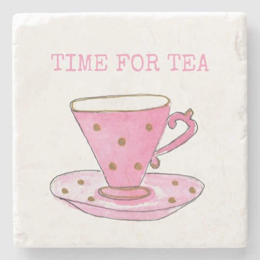 Cute Time for Tea Pink Waterverf Teacup Stenen Onderzetter (Voorkant)