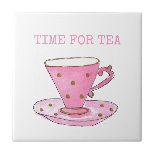 Cute Time for Tea Pink Waterverf Teacup Tegeltje (Voorkant)