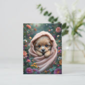 Cute, tiny, fluffy puppy surrounded by flowers briefkaart (Staand voorkant)