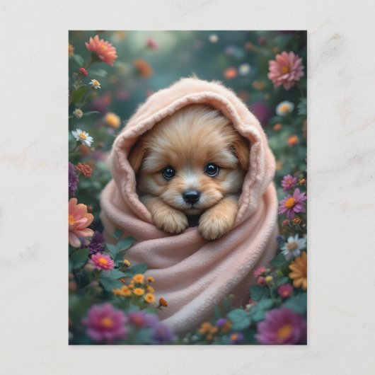 Cute, tiny, fluffy puppy surrounded by flowers briefkaart (Voorkant)