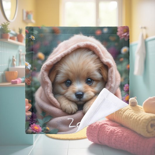 Cute, tiny, fluffy puppy surrounded by flowers washandje