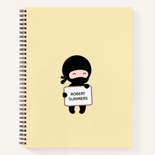 Cute Tiny Ninja Holding Sign On Yellow Custom Name Notitieboek (Voorkant)