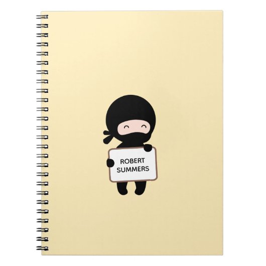 Cute Tiny Ninja Holding Sign on Yellow Custom Name Notitieboek (Voorkant)