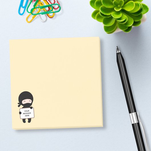 Cute Tiny Ninja Holding Sign on Yellow Custom Text Post-it® Notes