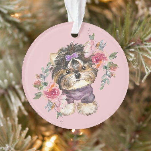 Cute Tiny Yorkie en Flowers Waterverf Art Ornament (Boom)