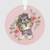Cute Tiny Yorkie en Flowers Waterverf Art Ornament (achterkant)