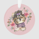 Cute Tiny Yorkie en Flowers Waterverf Art Ornament (voorkant)