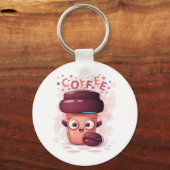 Cute To-go Coffee Cup & Coffee Bean T-Shirt Button Sleutelhanger (Voorkant)