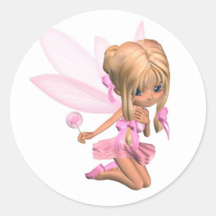 Cute Toon Ballerina Fairy in Pink - kneeling Ronde Sticker