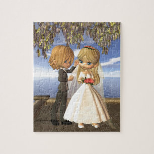 Cute Toon Wedding Couple op een Seaside Balcony Legpuzzel
