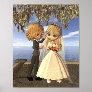Cute Toon Wedding Couple op een Seaside Balcony Poster