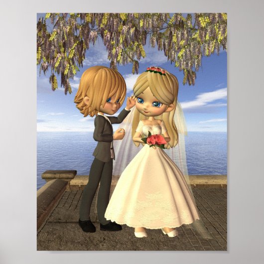 Cute Toon Wedding Couple op een Seaside Balcony Poster (Voorkant)