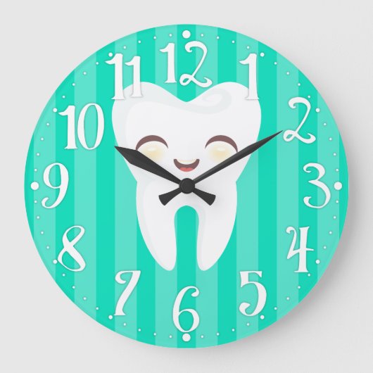 Cute Tooth - Teal Striped Dental Wall Clock Grote Klok (Voorkant)