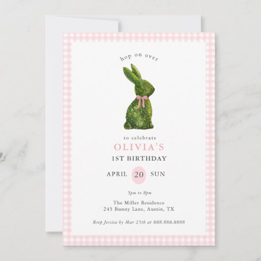 Cute Topiary Bunny Pink Gingham Girl Birthday  Kaart (Voorkant)