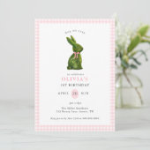Cute Topiary Bunny Pink Gingham Girl Birthday  Kaart (Staand voorkant)