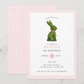 Cute Topiary Bunny Pink Gingham Girl Birthday  Kaart (Voorkant / Achterkant)