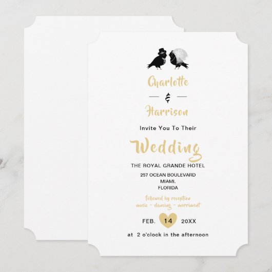 Cute Tortelduifjes Black White Gold Wedding Invita Kaart (Voorkant / Achterkant)