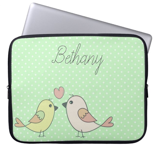 Cute Tortelduifjes op Mint Green Polka Dot Laptop Sleeve (Voorkant)