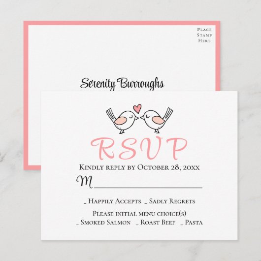 Cute Tortelduifjes Roze Lovevogels Weddenschap RSV Briefkaart (Voorkant / Achterkant)