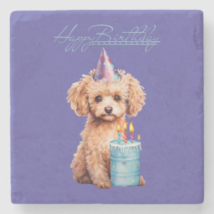 Cute Toy Poodle Verjaardagstaart Feesthoed Waterco Stenen Onderzetter