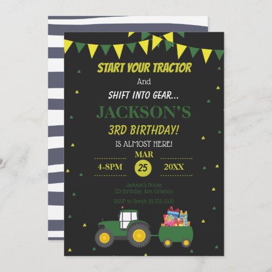 Cute Tractor Boerderij 3rd Birthday Confetti Invit Kaart (Voorkant / Achterkant)