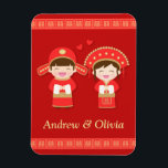Cute Traditional Chinese Couple Wedding Magneet<br><div class="desc">Design wordt geleverd met een cartoon van een schattige jongen en een meisje gekleed in een traditioneel helder rood en goud Chinees bruidebruin en bruidekostuums compleet met hoofdstukjes. Rood is een veelbelovende kleur in de Chinese cultuur. Merk op dat het goud naar hier verwijst een dichte gelijke van de kleur...</div>