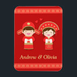 Cute Traditional Chinese Couple Wedding Magneet<br><div class="desc">Design wordt geleverd met een cartoon van een schattige jongen en een meisje gekleed in een traditioneel helder rood en goud Chinees bruidebruin en bruidekostuums compleet met hoofdstukjes. Rood is een veelbelovende kleur in de Chinese cultuur. Merk op dat het goud naar hier verwijst een dichte gelijke van de kleur...</div>