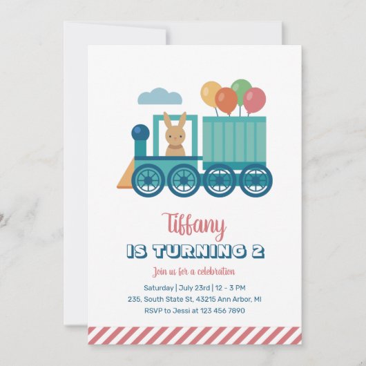 Cute Train Bunny and Balloon Birthday Kaart (Voorkant)