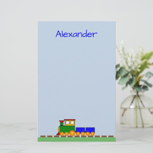 Cute Train met Boy's Name Blue Stationery Briefpapier (Staand voorkant)