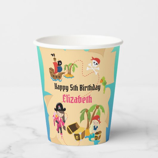 Cute Treasure Map Pink Girl Pirate Birthday Party Papieren Bekers (Voorkant)