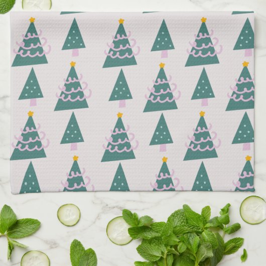 Cute Trees Doodles Pink Green Theedoek (Gevouwen)