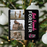 Cute Trendy 'Best Friends Forever' 3 Foto's & Name Keramisch Ornament<br><div class="desc">Cute girly bestie foto collage en name kerstversiering,  met drie foto's met een trendy,  gekartelde overlay edging,  kalligrafiescript dat "beste vrienden" leest,  die in fel roze is maar in om het even welke kleur en namen kan worden veranderd. Maakt een prachtig cadeau voor je BFF,  bestie of beste vriend.</div>