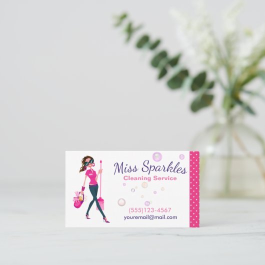 Cute Trendy Cartoon Maid House Cleaning Services Visitekaartje (Staand voorkant)