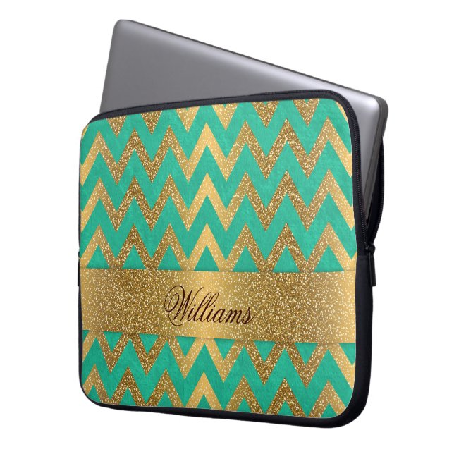 Cute trendy chevron zigzag faux gold glitter laptop sleeve (Voorkant Links)
