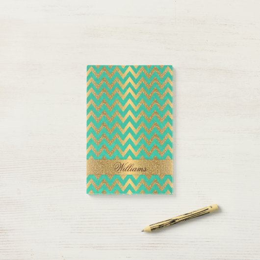 Cute trendy chevron zigzag faux gold glitter post-it® notes (Op bureau)