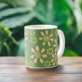 Cute Trendy Floral Pattern Green Pink Daisy Koffiemok