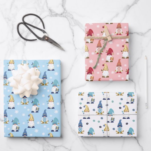 Cute Trendy Gnomes Blue Pink Gold White Inpakpapier Vel (Voorkant)