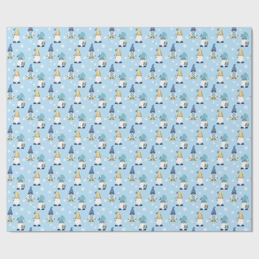 Cute Trendy Gnomes Winter Gold Blue Cadeaupapier (Vlak)