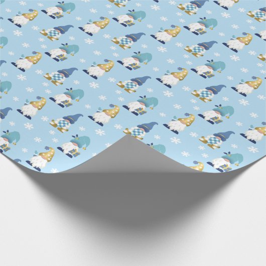 Cute Trendy Gnomes Winter Gold Blue Cadeaupapier (Hoek)